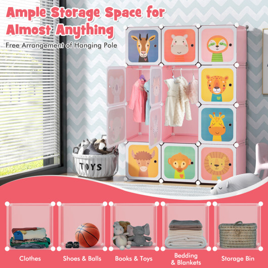 12 Cube Kids Wardrobe Closet with Hanging Section and Doors-Pink - Color: Pink - Image 5