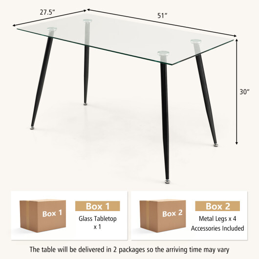 Modern Glass Rectangular Dining Table with Metal Legs-Black - Color: Black - Image 3
