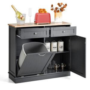 Rubber Wood Kitchen Trash Cabinet with Single Trash Can Holder and Adjustable Shelf-Gray - Color: Gray