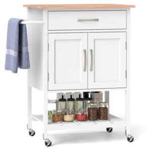 Rolling Kitchen Island Cart with Drawer and Towel Rack-White - Color: White