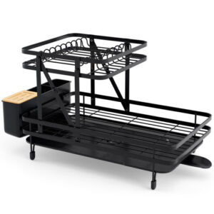 2-Tier Collapsible Dish Rack with Removable Drip Tray - Color: Black