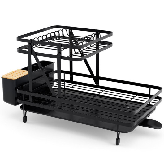 2-Tier Collapsible Dish Rack with Removable Drip Tray - Color: Black