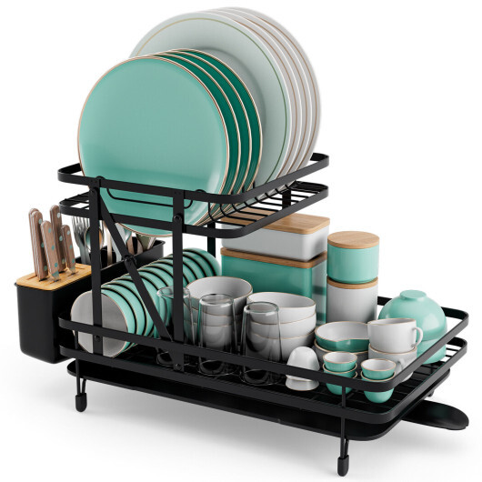 2-Tier Collapsible Dish Rack with Removable Drip Tray - Color: Black - Image 4