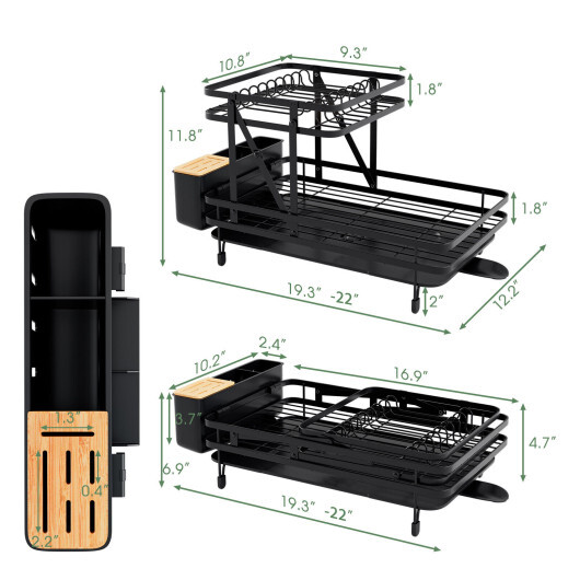 2-Tier Collapsible Dish Rack with Removable Drip Tray - Color: Black - Image 5