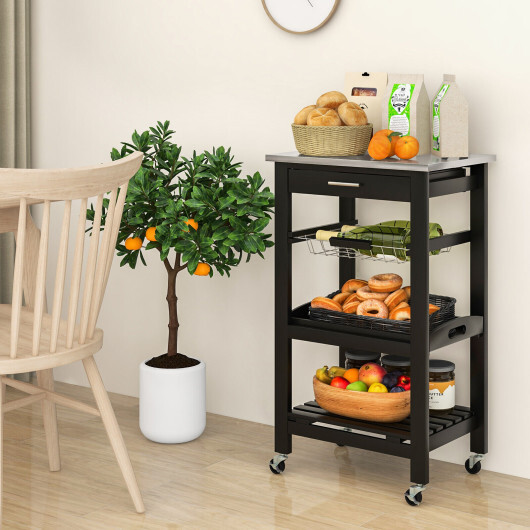 Kitchen Island Cart with Stainless Steel Tabletop and Basket-Black - Color: Black - Image 3