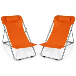 Portable Beach Chair Set of 2 with Headrest -Orange - Color: Orange