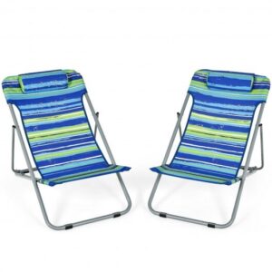 Portable Beach Chair Set of 2 with Headrest -Blue - Color: Blue