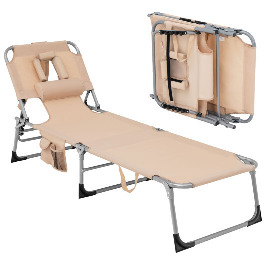 Folding Beach Lounge Chair with Pillow for Outdoor-Beige - Color: Beige