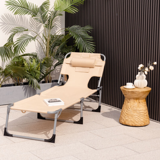 Folding Beach Lounge Chair with Pillow for Outdoor-Beige - Color: Beige - Image 2