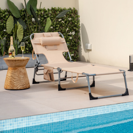 Folding Beach Lounge Chair with Pillow for Outdoor-Beige - Color: Beige - Image 3