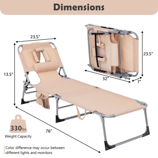 Folding Beach Lounge Chair with Pillow for Outdoor-Beige - Color: Beige - Image 4