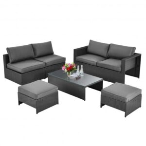 6 Pieces Patio Rattan Furniture Set with Glass Table and Cushioned Seat-Gray - Color: Gray