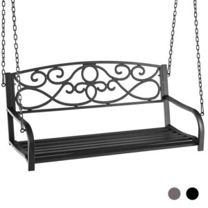 Outdoor 2-Person Metal Porch Swing Chair with Chains-Black - Color: Black
