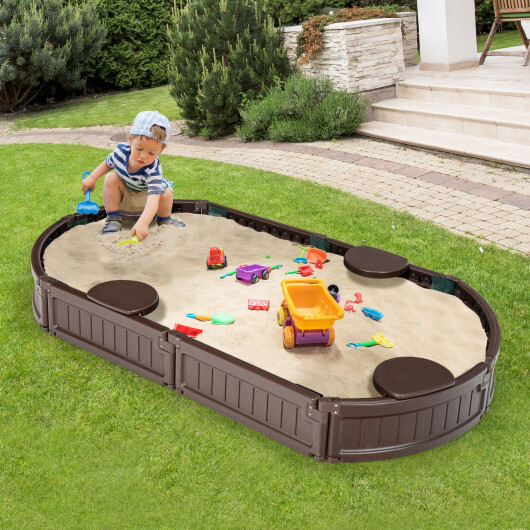 Sandbox with Built-in Corner Seat and Bottom Liner-Brown - Color: Brown - Image 2