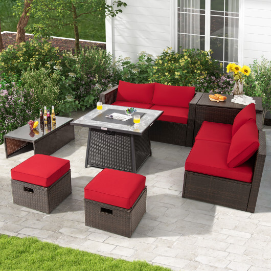 9 Pieces Patio PE Wicker Sectional Set with 50000 BTU Fire Pit Table-Red - Color: Red - Image 2