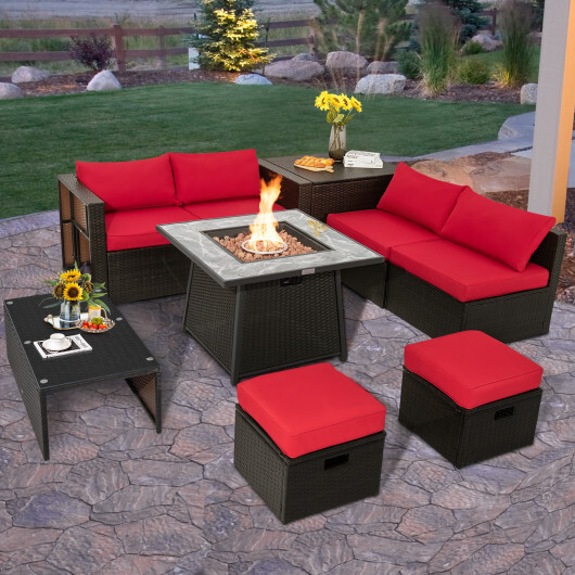 9 Pieces Patio PE Wicker Sectional Set with 50000 BTU Fire Pit Table-Red - Color: Red - Image 3