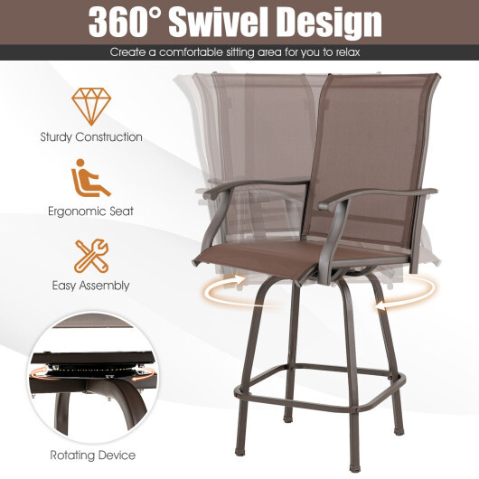 2 Pieces Patio 360 Rotation Swivel Bar Stool Set-Brown - Color: Brown - Image 5