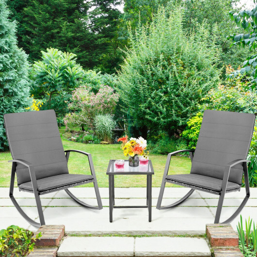 3 Pieces Patio Rattan Rocking Furniture Set-Gray - Color: Gray - Image 2