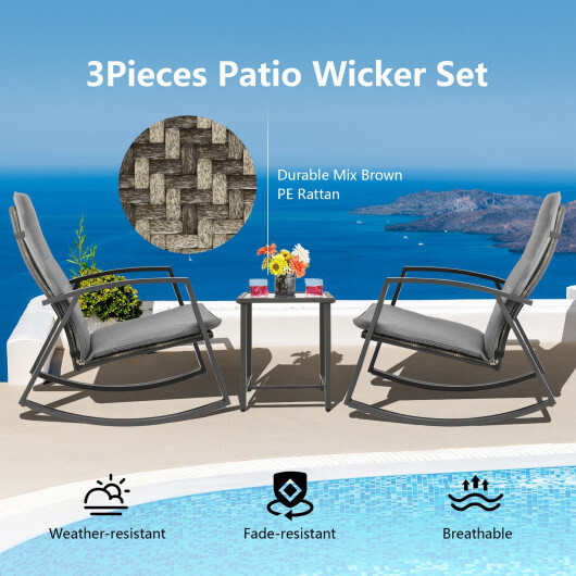 3 Pieces Patio Rattan Rocking Furniture Set-Gray - Color: Gray - Image 3
