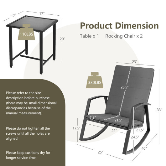 3 Pieces Patio Rattan Rocking Furniture Set-Gray - Color: Gray - Image 4