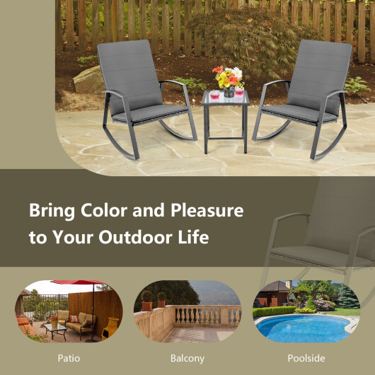 3 Pieces Patio Rattan Rocking Furniture Set-Gray - Color: Gray - Image 5