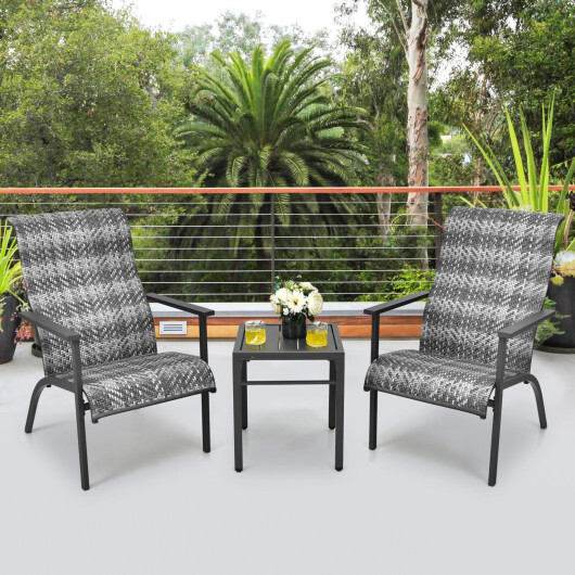 3 Pieces Patio Rattan Bistro Set with High Backrest and Armrest-Gray - Color: Gray - Image 2