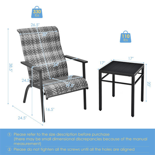 3 Pieces Patio Rattan Bistro Set with High Backrest and Armrest-Gray - Color: Gray - Image 4