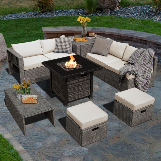 9 Pieces Outdoor Patio Furniture Set with 32-Inch Propane Fire Pit Table-Off White - Color: Off White - Image 2