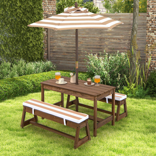 Kids Picnic Table and Bench Set with Cushions and Height Adjustable Umbrella-Brown - Color: Brown - Image 3