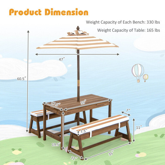 Kids Picnic Table and Bench Set with Cushions and Height Adjustable Umbrella-Brown - Color: Brown - Image 5