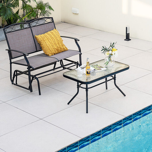Outdoor Gliding Loveseat Chair with Tempered Glass Coffee Table-2 Pieces - Color: Brown - Image 3