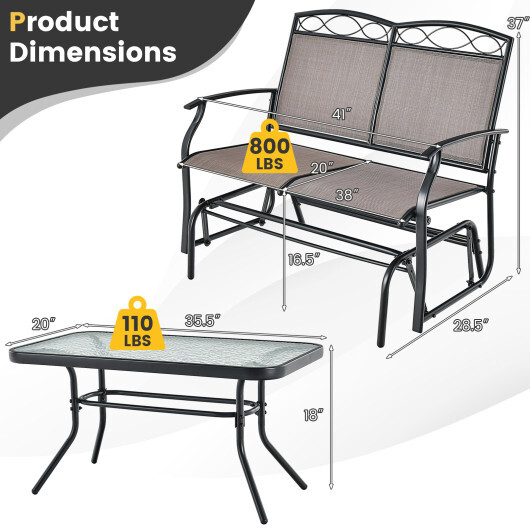 Outdoor Gliding Loveseat Chair with Tempered Glass Coffee Table-2 Pieces - Color: Brown - Image 5