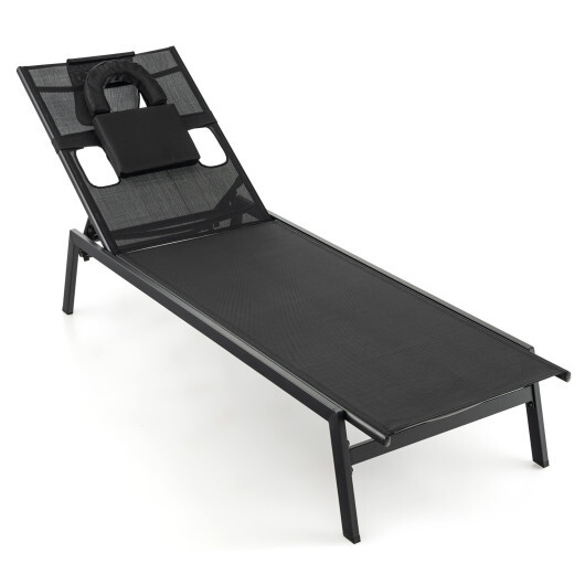 Patio Sunbathing Lounge Chair 5-Position Adjustable Tanning Chair-Black - Color: Black