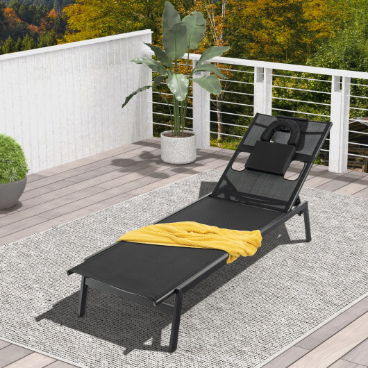 Patio Sunbathing Lounge Chair 5-Position Adjustable Tanning Chair-Black - Color: Black - Image 2