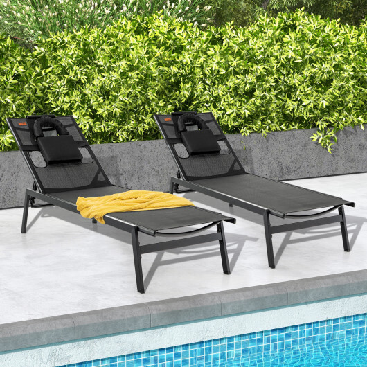 Patio Sunbathing Lounge Chair 5-Position Adjustable Tanning Chair-Black - Color: Black - Image 3