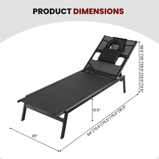 Patio Sunbathing Lounge Chair 5-Position Adjustable Tanning Chair-Black - Color: Black - Image 5
