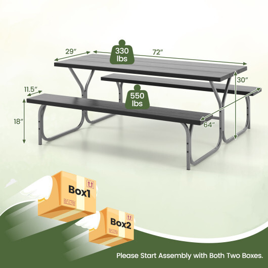 6 Feet Picnic Table Bench Set with HDPE Tabletop for 8 Person-Black - Color: Black - Image 5