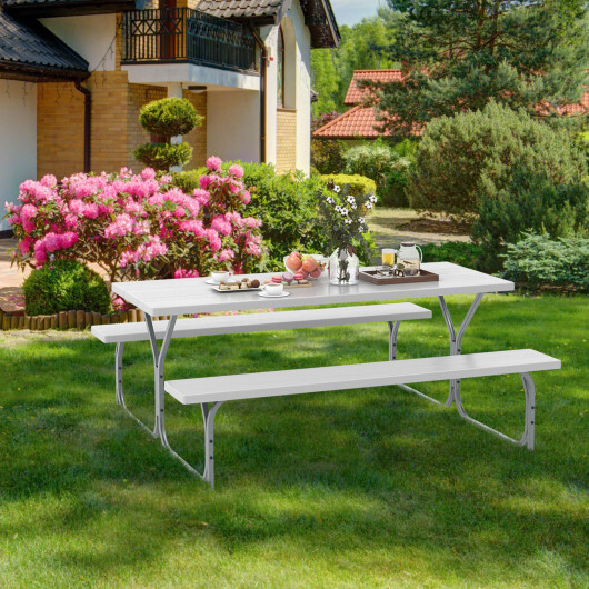 6 FT Picnic Table Bench Set Dining Table and 2 Benches with Metal Frame and HDPE Tabletop-White - Color: White - Image 2