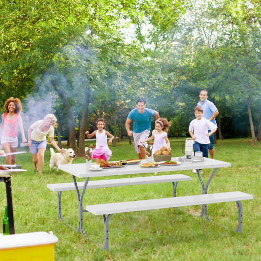 6 FT Picnic Table Bench Set Dining Table and 2 Benches with Metal Frame and HDPE Tabletop-White - Color: White - Image 3