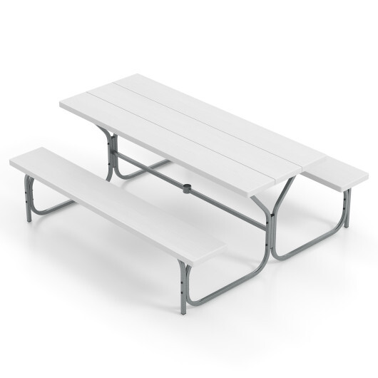 6 FT Picnic Table Bench Set Dining Table and 2 Benches with Metal Frame and HDPE Tabletop-White - Color: White - Image 4