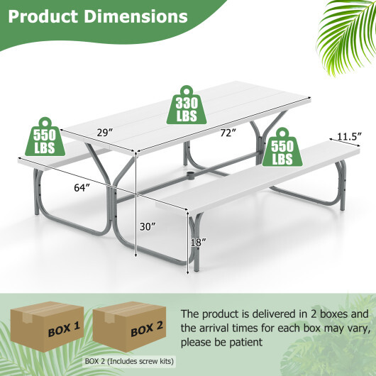 6 FT Picnic Table Bench Set Dining Table and 2 Benches with Metal Frame and HDPE Tabletop-White - Color: White - Image 5