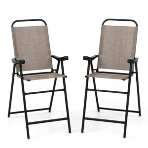 Patio Folding Bar Stool Set of 2 with Metal Frame and Footrest-Coffee - Color: Coffee