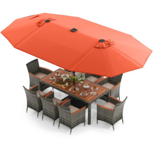 11 Pieces Patio Dining Set with 15 Feet Double-Sided Patio Umbrella Base Included-Orange - Color: Orange - Size: 15 ft