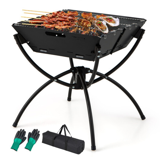 3-in-1 Camping Campfire Grill with Stainless Steel Grills Carrying Bag & Gloves-Black - Color: Black - Image 4