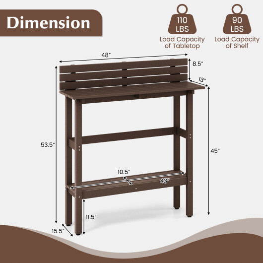 48 Inch Patio Pub Height Table with Storage Shelf and Adjustable Foot Pads-Brown - Color: Brown - Image 5