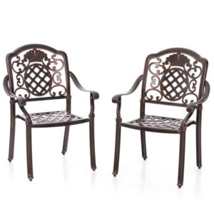 Patio Cast Aluminum Dining Chairs Set of 2 Metal Armchairs Stackable-Copper - Color: Copper