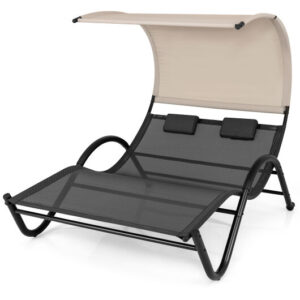 Outdoor Double Chaise Lounge Chair with Sunshade Canopy and Headrest Pillows-Black - Color: Black
