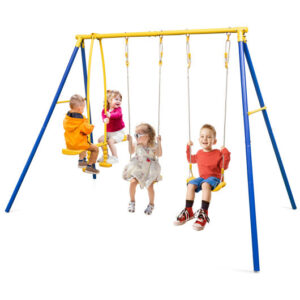 Metal Swing Set for Backyard with 2 Swing Seats and 2 Glider Seats-Blue - Color: Blue
