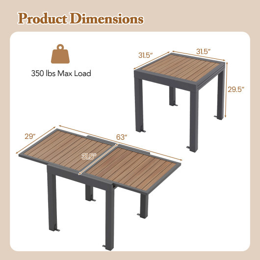 31.5-63 Inches Extendable Patio Table for 4-6 People-Natural - Color: Natural - Image 5