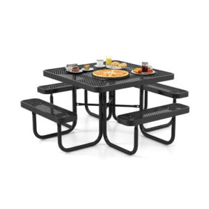 Square Picnic Table and Bench for 8 Person with Seats and Umbrella Hole-Black - Color: Black